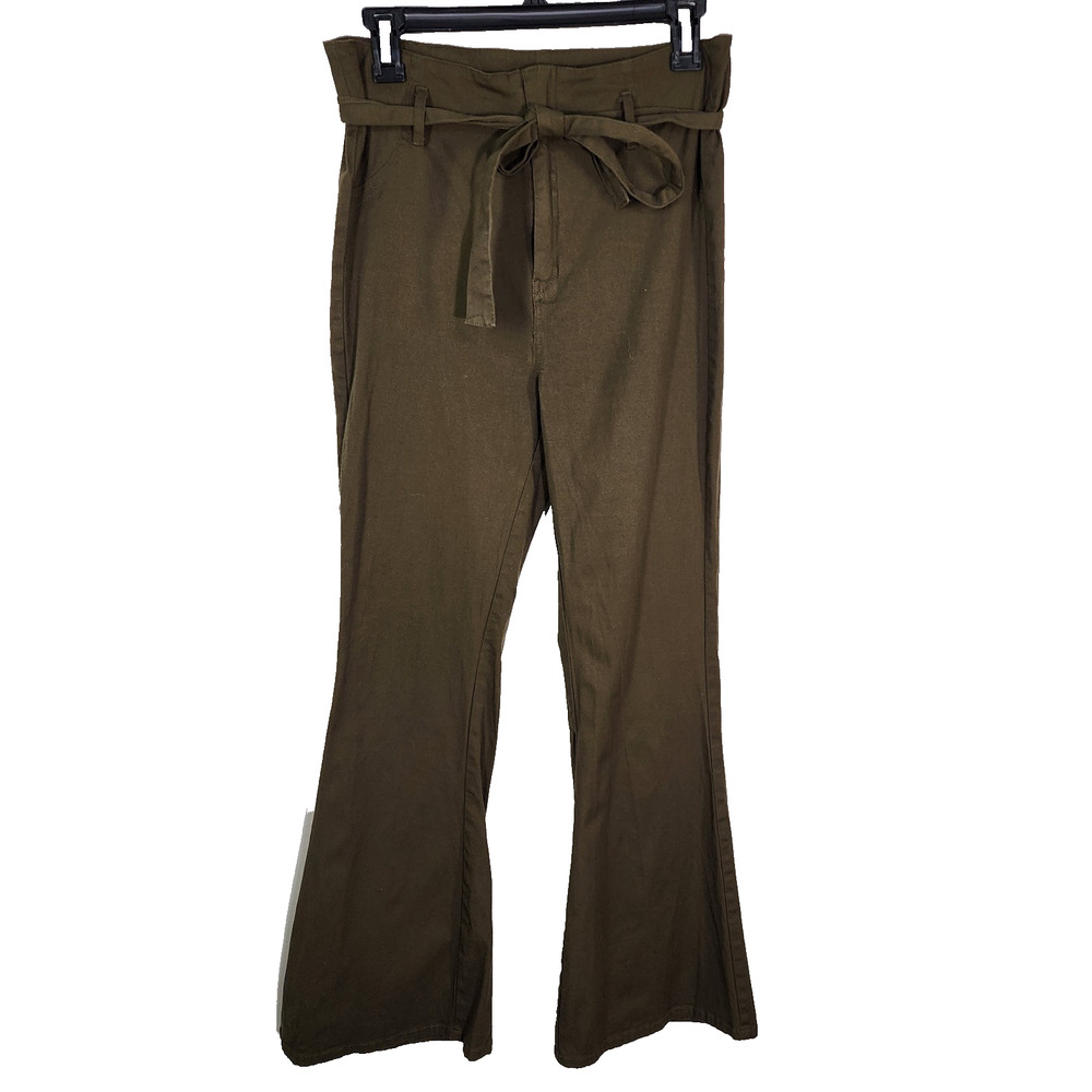 Plush Boutique Pants Womens Waist 29 Belted Paper Bag Zip Wide Leg Green High